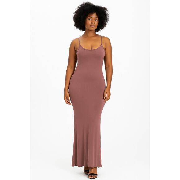Reoria Long Slip Maxi Dress| Bodycon Spaghetti Strap Lounge Chic| Brown Size - M - Picture 1 of 4